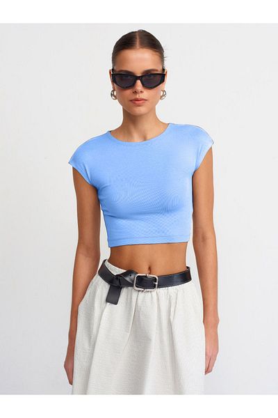Dilvin 30528 Crop Top din amestec de bumbac și modal albastru