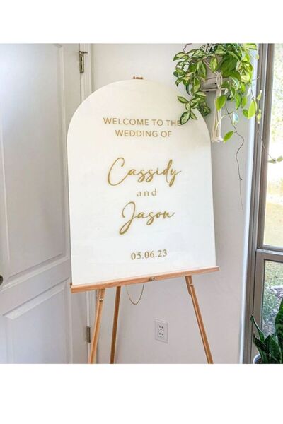 Ender 80x50 cm Beyaz Ahşap & Gold Pleksi Düğün Nişan Karşılama Panosu