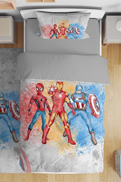 EVPANYA Gri Süper Kahramanlar Desenli Tek Kişilik Bebek Çocuk Nevresim Seti