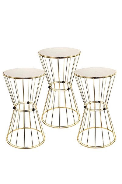 Begüsa Madrid 3.lü Set Sehpa Gold Kaplama Akça Ahşap