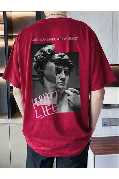 PUNIX Men's Big Size Perfect Life Printed Cotton T-Shirt - Claret Red