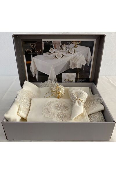 Vinezza Home Collection مجموعة VINEZZA HOME - مجموعة أدوات مائدة فرنسية مكونة من 34 قطعة من الكتان والدانتيل