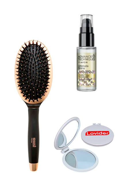 AVON Oval Saç Fırçası + Advance Techniques Parlaklık Veren Saç Serumu 30ml + Lovider Cep Aynası