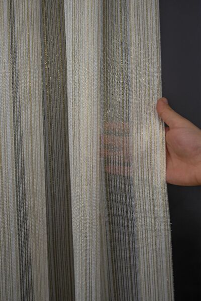 Evdepo Home Altın Çizgili Tül Perde Seyrek Pile, Tek Kanat