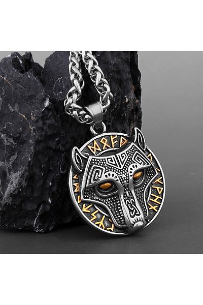Viking Odin Hrodvitnir Wolf Design - Nordic Necklace with Runic Lettering, Mix Gold 316L Steel