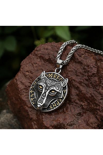 Viking Odin Hrodvitnir Wolf Design - Nordic Necklace with Runic Lettering, Mix Gold 316L Steel
