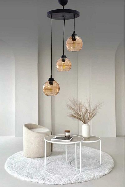 BSA LIGHTING TUTKU 3-Piece Black Pendant Lamp Classic Chandelier - Honey Mica Glass