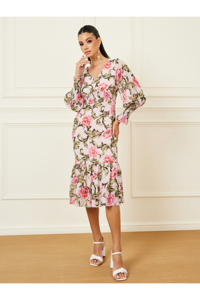 Styli طباعة الأزهار Smocked التفاصيل Bodycon فستان ميدي