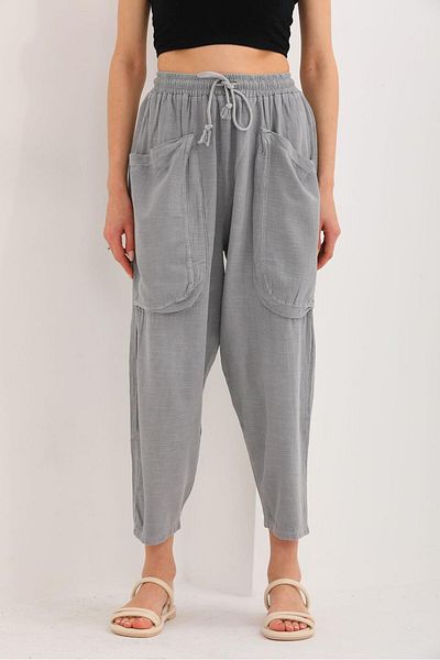 AYASOFYA OTANTIK Gray Linen Shalwar Trousers - Double Front Pockets