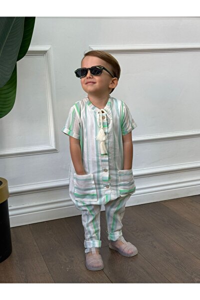 bohemiankids baby wear Yeşil Beyaz Çizgili Şile Tulum Unisex