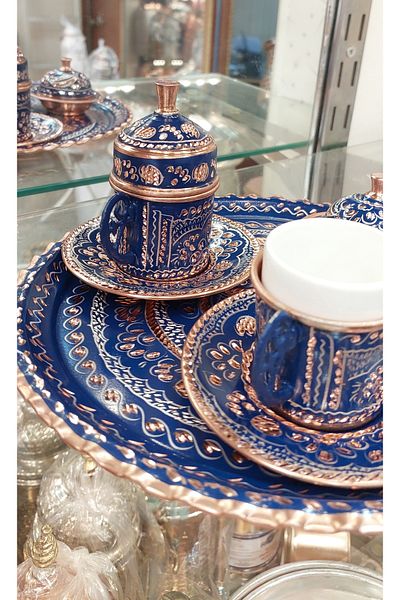 Bakır Center Copper Cup Set for 2 People - Ottoman Patterned Turkish Coffee