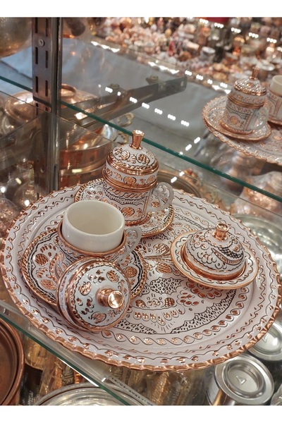 Bakır Center Copper Cup Set for 2 People - Ottoman Patterned Turkish Coffee