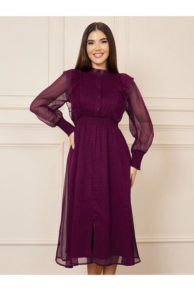 Styli Shiny Organza Frill Detail High Neck A-Line Midi Dress