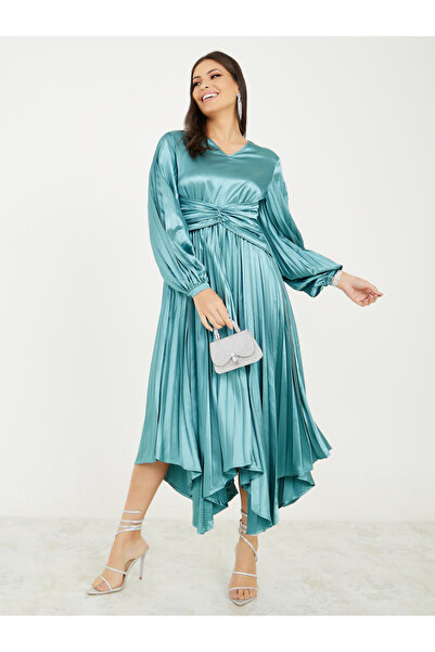 Styli Asymmetric Hem Satin Pleated Midi Dress