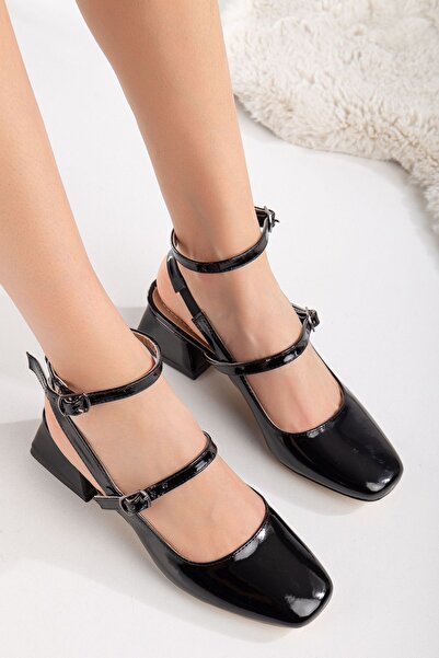 Reyonda ayakkabı Mary Jane din piele neagră lacuită - vârf pătrat, cască, pan...
