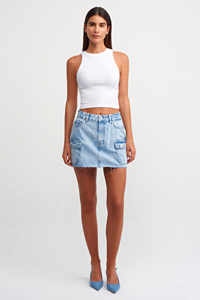 Dilvin 80539 Τζιν Μίνι Φούστα με Πλαϊνές Τσέπες - Μπλε