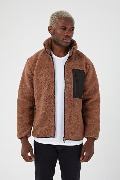 UNIQROY Erkek Peluş Mont Cepli Astarlı Normal Kesim Taba