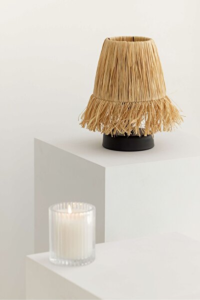 Maison Avf Rafya & Hasır Masa Üstü Kablosuz Pilli Abajur Siyah Saçaklı