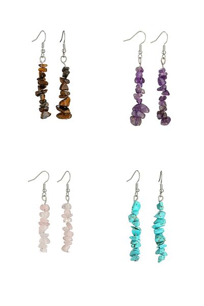 Kusakli Natural Stone Earrings Set of 4 - Tiger Eye, Amethyst, Pink Quartz and Turquoise Double Earrings