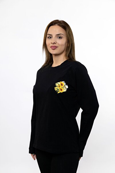 DESCRİBE Kadın Siyah Uzun Kollu Baskılı Pamuk Tshırt