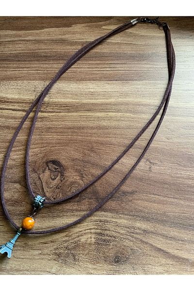 azra takı tasarım Suede Chooker Eiffel Tower Figured Agate Stone Hippie Sports Necklace - Short Women