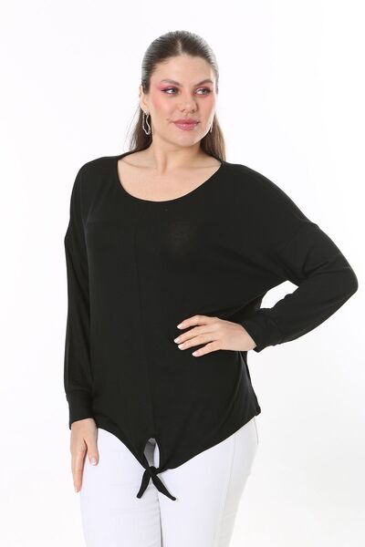 Şans Bluză neagră cu mânecă lungă cu cravată în față pentru femei de mărime mare 65N37695