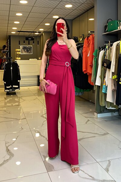 Vosse Mi Fuşya Broş Detaylı Askılı Bol Paça Tulum