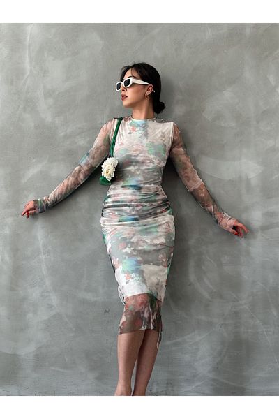 alenmoda New Season Φόρεμα από τούλι με μίντι μήκους με πράσινο σχέδιο με λαιμόκοψη