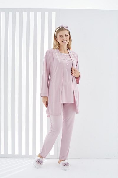ERDENİZ TEKSTİL 3-Piece Cotton Maternity Pajamas Set with Dressing Gown Detail