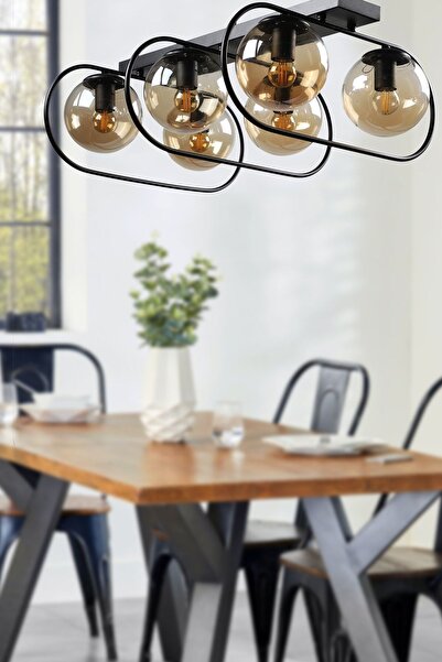 Begüsa Sühan 6.lı Sıralı Siyah Bal Glop Camlı Avize