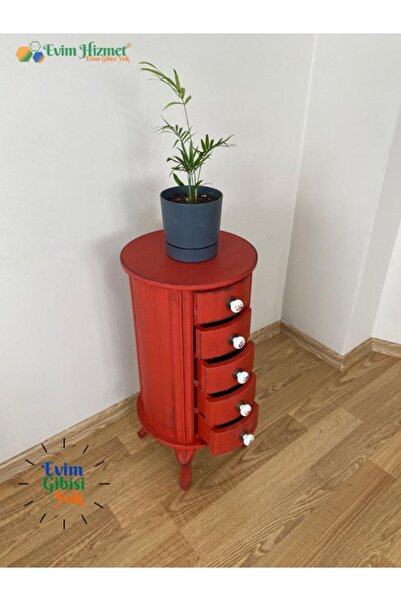 Evim Hizmet 5 Çekmeceli Yuvarlak Komodin Saksılık Yan Sehpa