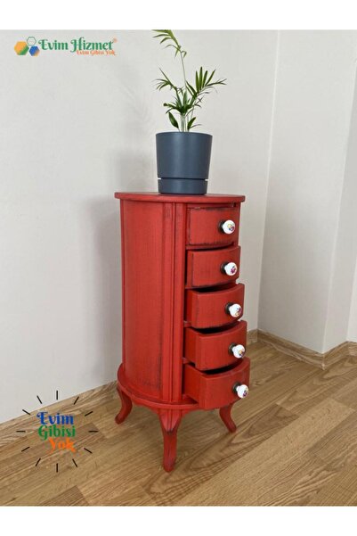 Evim Hizmet 5 Çekmeceli Yuvarlak Komodin Saksılık Yan Sehpa