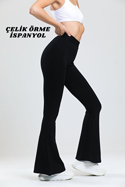 Genel Markalar Kadın Siyah Ispanyol Paça Dalgıç Kumaş Pantolon Yüksek Bel Las...