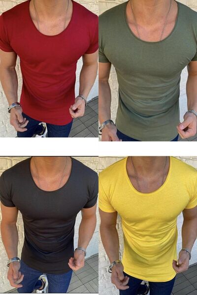 BYBÜLENT تي شيرت رجالي مكون من 4 قطع بياقة بيضاوية وياقة مفتوحة باللون الأسود...