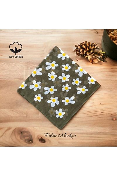 Fular Marketi Khaki Daisy Patterned 100% Cotton Bandana - Add 4 Get 3 Is the Price for 1 Piece