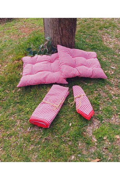 Marin Tasarım Evi طقم مفرش نزهة أحمر متعدد الأغراض 2 قطعة 40x40 وسادة 170x130 مفرش طاولة