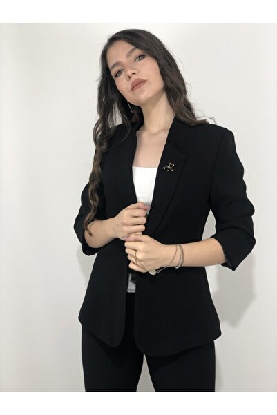 AYHAN Women's Bronze Detailed Three-Quarter Sleeve Blazer Jacket