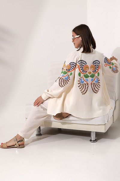 Miss Allos Set jachetă și pantaloni kimono din in - Broderie cu paiete pe spate și pe mâneci