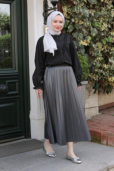 db didem butik Maxi Length Long Skirt - Pleated and Elastic Waist