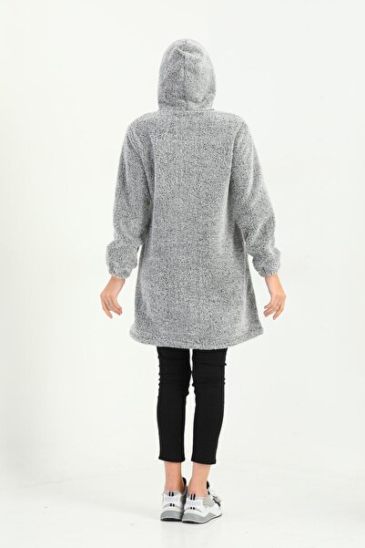 Kardelen Butik Ümraniye Khaki Green Welsoft Long Fleece Cardigan - Zipper and Hood