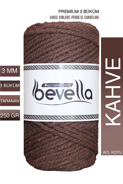 Bevella Macrame Cord Πολυτελές Χρώμα Καφέ 3 Στριφτό Σπασμένο Σχοινί Μακραμέ από Βαμβάκι - 3 mm, 250 γρ