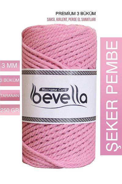 Bevella Macrame Cord Šeker Pembe - Premium 3 Büküm Burgulu Pamuk Makrome, 3 mm, 250 γρ.