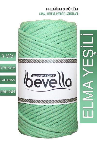 Bevella Macrame Cord Μηλικό Πράσινο Premium 3 Στριμμένο Νήμα Κολοβών - 3 χιλ. 250 γρ