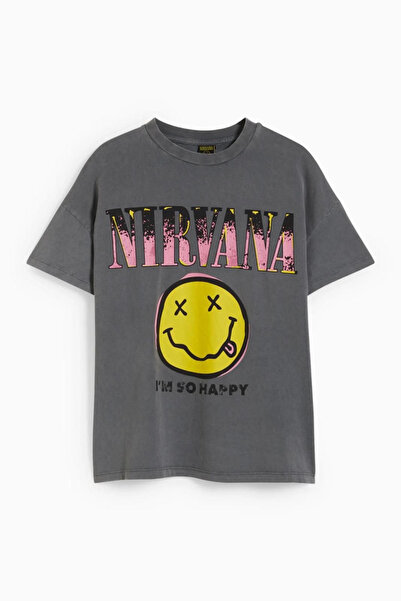 Nirvana Emoji Baskı Antrasit T-Shirt