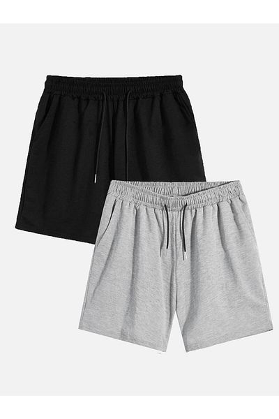 Boi Unisex Μαύρο-Γκρι 2 τεμαχίων Basic Oversize Χτενισμένο Βαμβακερό Σορτς Χαλαρή Εφαρμογή
