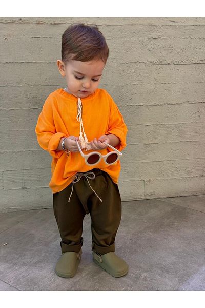 bohemiankids baby wear Orange Top Khaki Bottom Sile Set