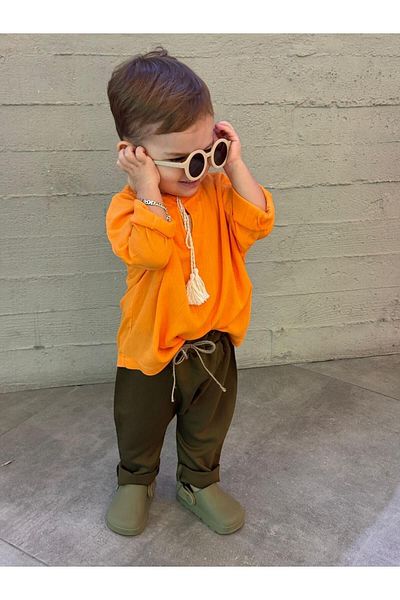 bohemiankids baby wear Orange Top Khaki Bottom Sile Set