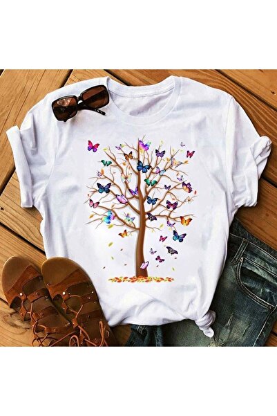 Usaspor تي شيرت نسائي صيفي مطبوع عليه شجرة الفراشة - موديل 232 17971