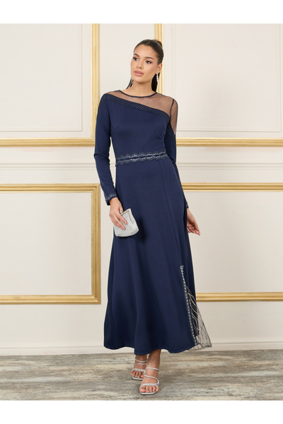 Styli Embellished Mesh Insert A-Line Maxi Dress
