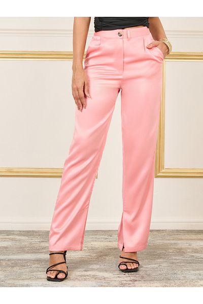 Styli Satin High Rise Straight Fit Pant with Side Slit Hem